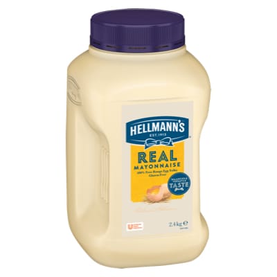 HELLMANN'S Real Mayonnaise Gluten Free 2.4kg - HELLMANN'S Real uses traditional ingredients for a scratch-made taste. It's made with 100% free-range egg yolks, vegetable oil, lemon juice and vinegar.