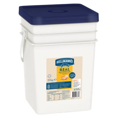 HELLMANN'S Real Mayonnaise Gluten Free 20kg - HELLMANN'S Real uses traditional ingredients for a scratch-made taste. It's made with 100% free-range egg yolks & has no artificial colours or flavours.