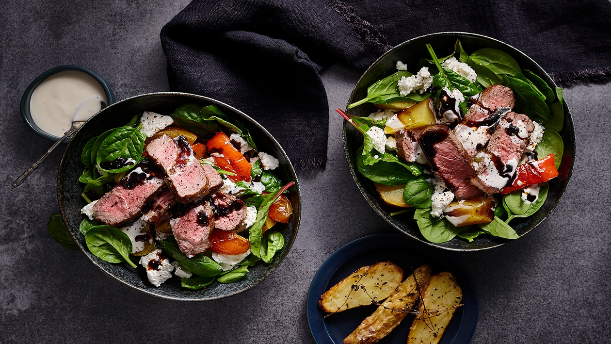 Steak Salad with Roasted Beets, Goats Cheese and Walnut Pesto – Recipe