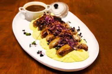 British Bangers, Hot English Mash and Crisp Onion British Bangers, Hot English Mash and Crisp Onion