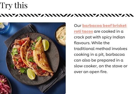 Barbacoa beef brisket roti tacos