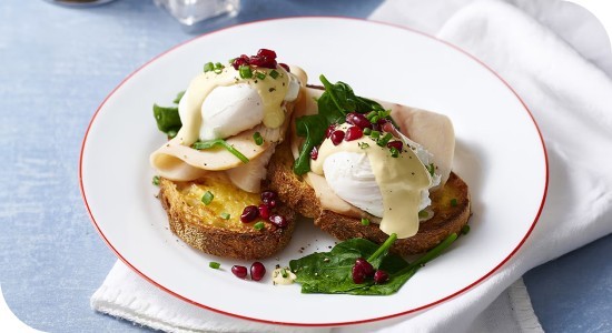 Turkey and Pomegranate Eggs Benedict