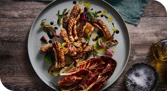 Balsamic Glazed Squid with Black Garlic Puree