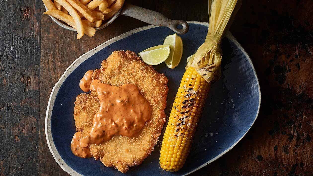 Chicken Schnitzel and Jalapeno Salsa Cream – Recipe Chicken Schnitzel and Jalapeno Salsa Cream – Recipe