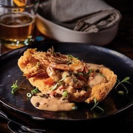 Chicken Schnitzel with Prawns, Capers and Creamy Garlic Gravy Chicken Schnitzel with Prawns, Capers and Creamy Garlic Gravy