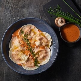 Chicken Wonton Ravioli, Parmigiana Sauce