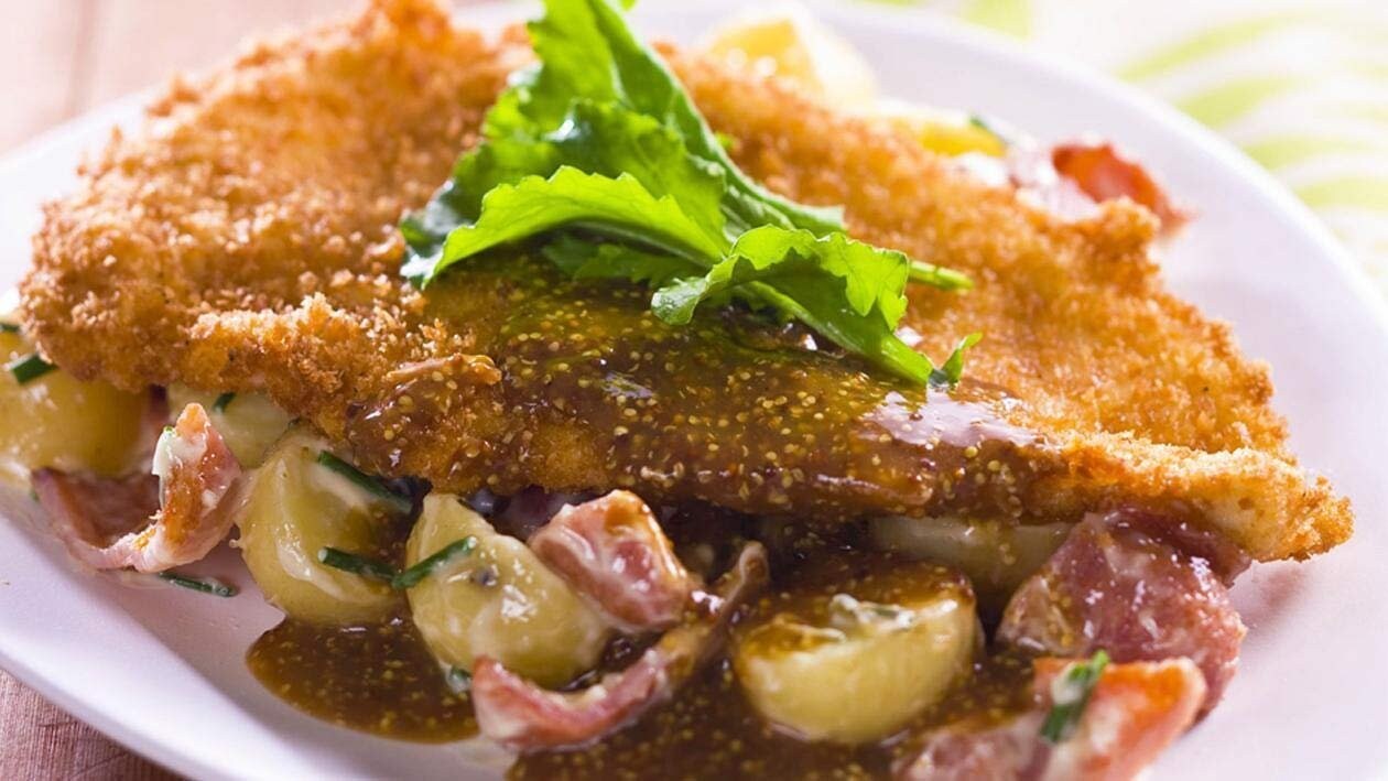 Crispy Chicken Schnitzel with potato & bacon salad – Recipe Crispy Chicken Schnitzel with potato & bacon salad – Recipe
