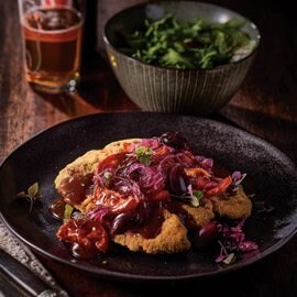 Lamb Leg Schnitzel, Char Grilled Tomato, Olives, Onion Jam Gravy