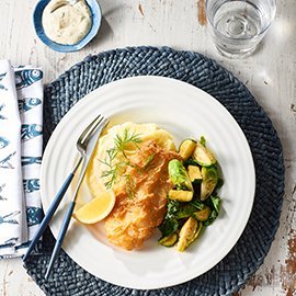 Battered Hoki Fillet, Mash, Sautéed Vegetables Battered Hoki Fillet, Mash, Sautéed Vegetables