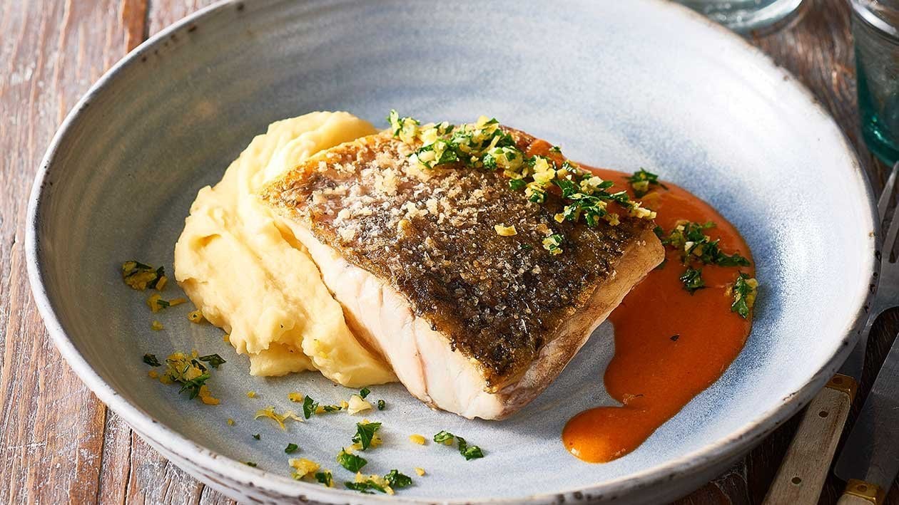 Crispy skin barramundi, creamy mash, red curry beurre blanc – Recipe