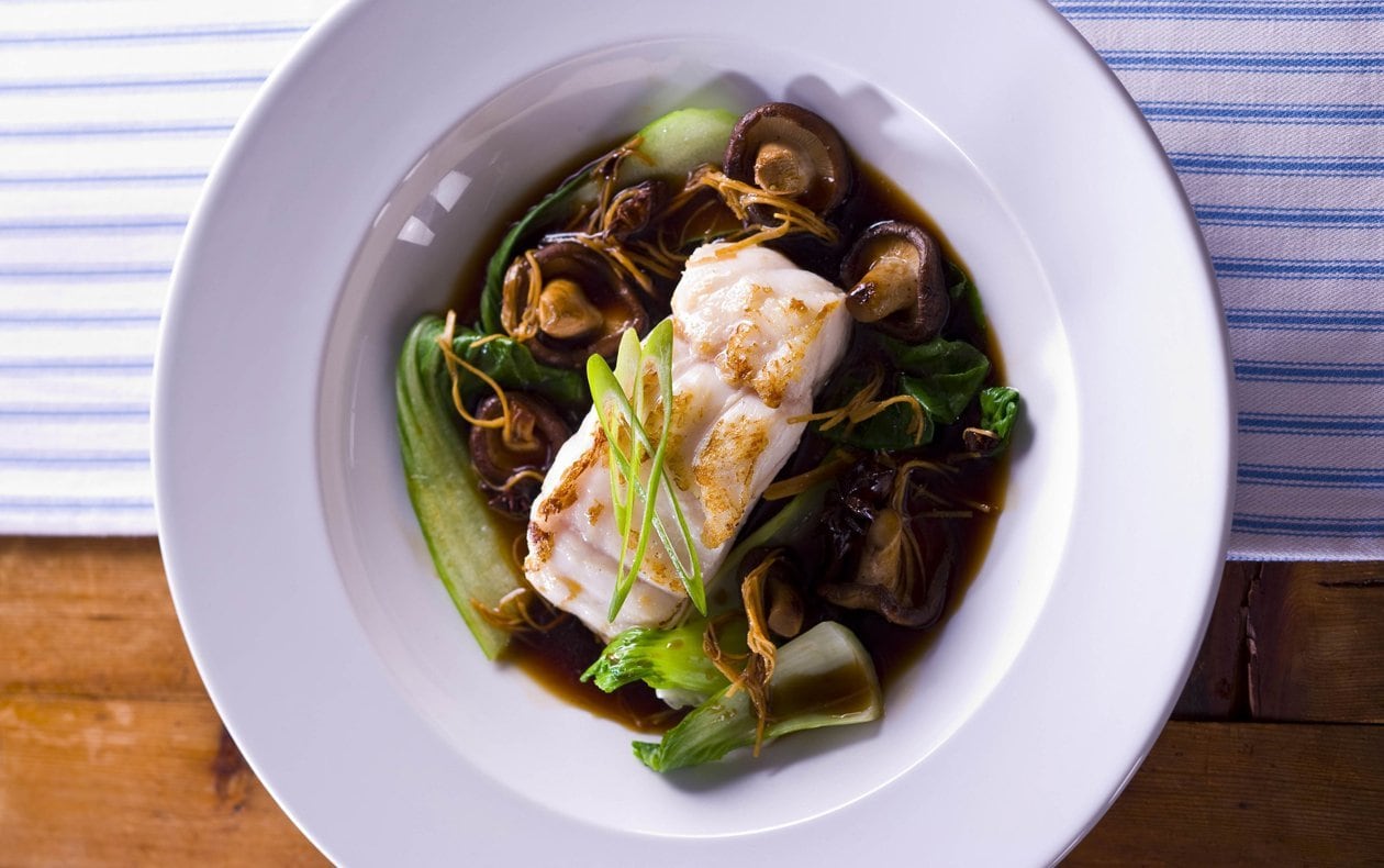 Grilled Cod with shitake mushrooms, shallots, ginger, and star anise broth – Recipe