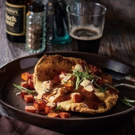Beef Schnitzel, Sweet Potato Cheese Poutine, Pepper Gravy