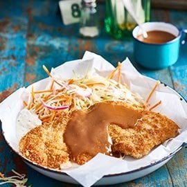 Crumbed Pork Schnitzel with Slaw and Cider Mustard Gravy