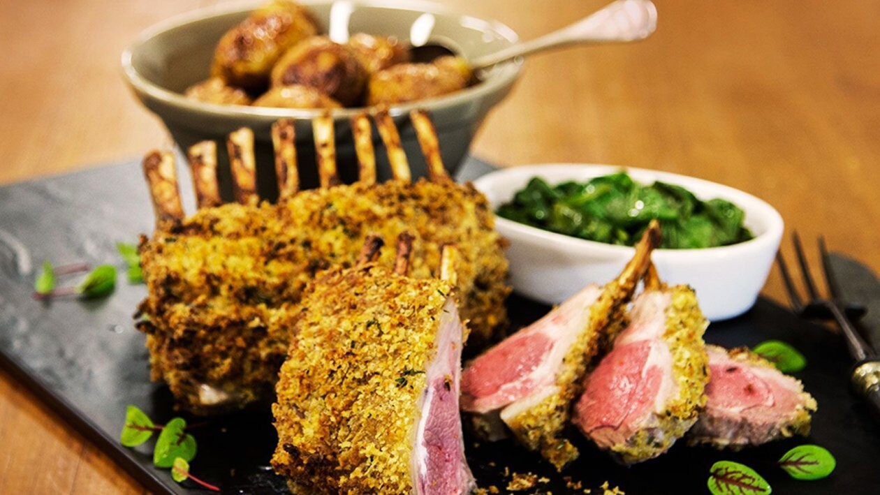 Dijon Crusted Lamb Rack with Roasted Potatoes and Wilted Spinach – Recipe Dijon Crusted Lamb Rack with Roasted Potatoes and Wilted Spinach – Recipe