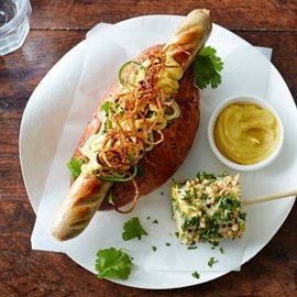 Lamb Hot Dogs with Baba Ganoush and Grilled Corn