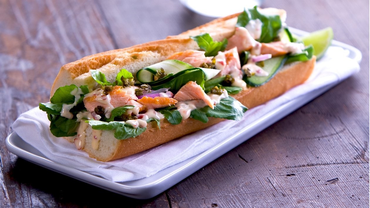 Baguette with Roasted Salmon and Lime Chilli Mayonnaise – Recipe Baguette with Roasted Salmon and Lime Chilli Mayonnaise – Recipe