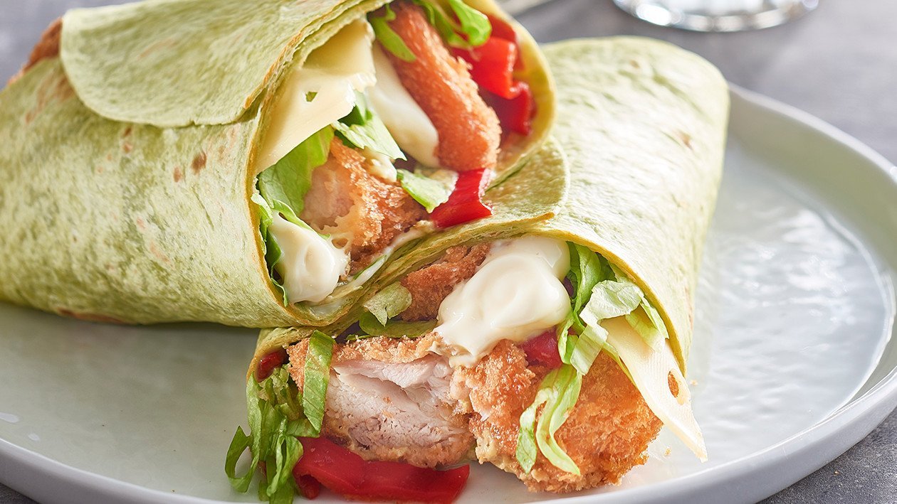 Popcorn Chicken, Spinach & Cheese Wrap with Pesto Mayo – Recipe