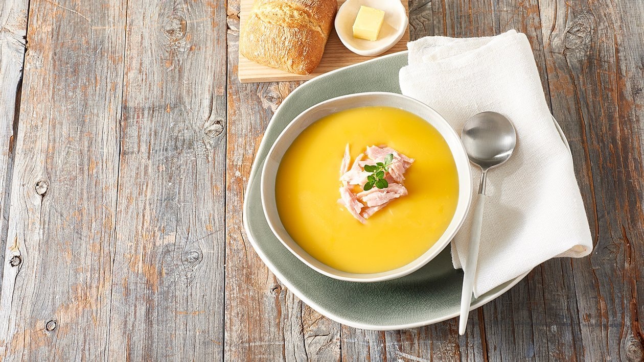 Cream of Pumpkin Soup with Smoked Ham and Roasted Garlic – Recipe