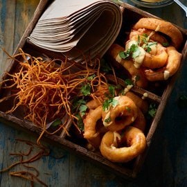 Hush Puppy Onion Rings, Smoked Maple Carrot Tahini