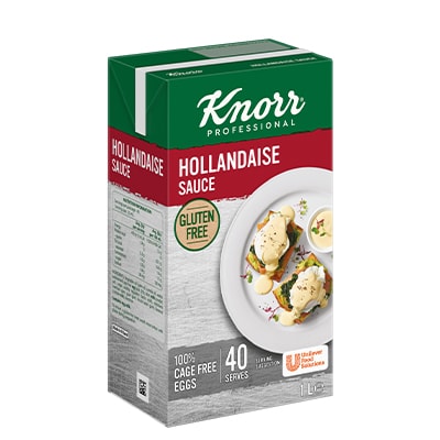 KNORR Hollandaise Sauce Gluten Free 1L - Made with 100% cage-free eggs for close-to-scratch taste. This versatile sauce can be used as a pour over sauce, as a dip, or as a base for delicious flavour mash-ups.