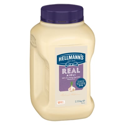 HELLMANN'S Real Aioli 2.35 kg - HELLMANN'S Real Aioli is made to an authentic recipe using 100% free range egg yolks & infused with garlic for that balanced, real scratch made taste.
