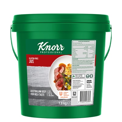 KNORR Jus Gluten Free 1.8kg - KNORR Jus Gluten Free is the perfect companion for your premium dishes. It delivers roasted and caramelised flavours with a superior rich meaty taste.