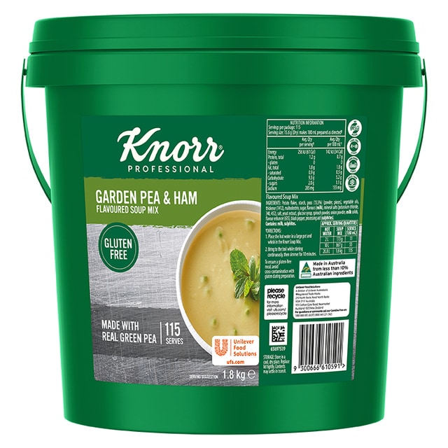 Knorr Professional Garden Pea and  Ham Dry Mix Soup Gluten Free 1.8kg - Knorr Professional Dry Mix Soups are made from real ingredients to deliver an authentic, scratch-like taste that evokes the comfort of home.
