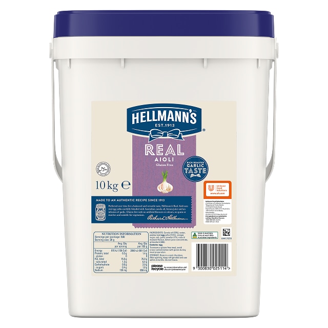 Hellmann's Real Aioli Gluten Free 10kg - HELLMANN'S Real Aioli is made to an authentic recipe using real egg yolks with an infusion of garlic for that balanced, scratch made taste.