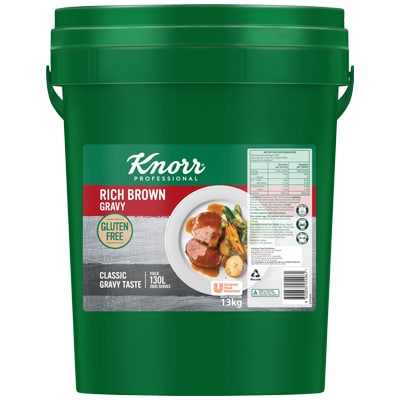 KNORR Rich Brown Gravy Gluten Free 13kg - This trusted, gluten-free and vegetarian, all-rounder gravy goes well with everything from steaks, pies and casseroles.