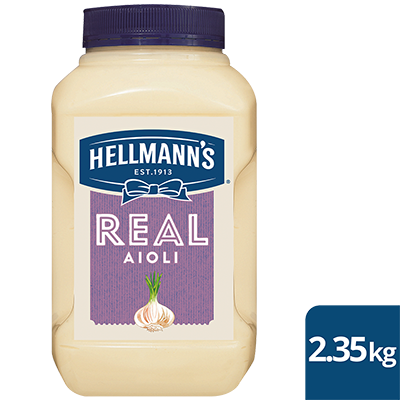 HELLMANN'S Real Aioli 2.35 kg - HELLMANN'S Real Aioli is made to an authentic recipe using 100% free range egg yolks & infused with garlic for that balanced, real scratch made taste.