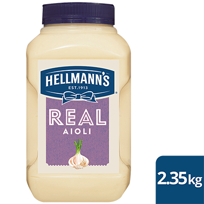 HELLMANN'S Real Aioli Gluten Free 2.35kg - HELLMANN'S Real Aioli is made to an authentic recipe using 100% free range egg yolks & infused with garlic for that balanced, real scratch made taste.