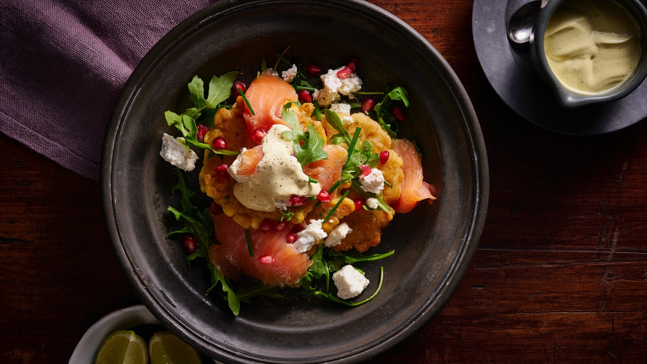 Corn Fritters with Smoked Salmon, Ricotta and Citrus Hollandaise – Recipe