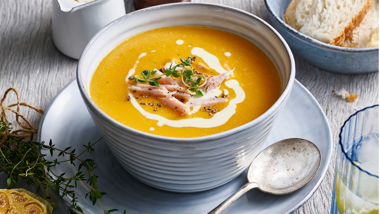 Cream of Pumpkin Soup with Smoked Ham and Roasted Garlic – Recipe