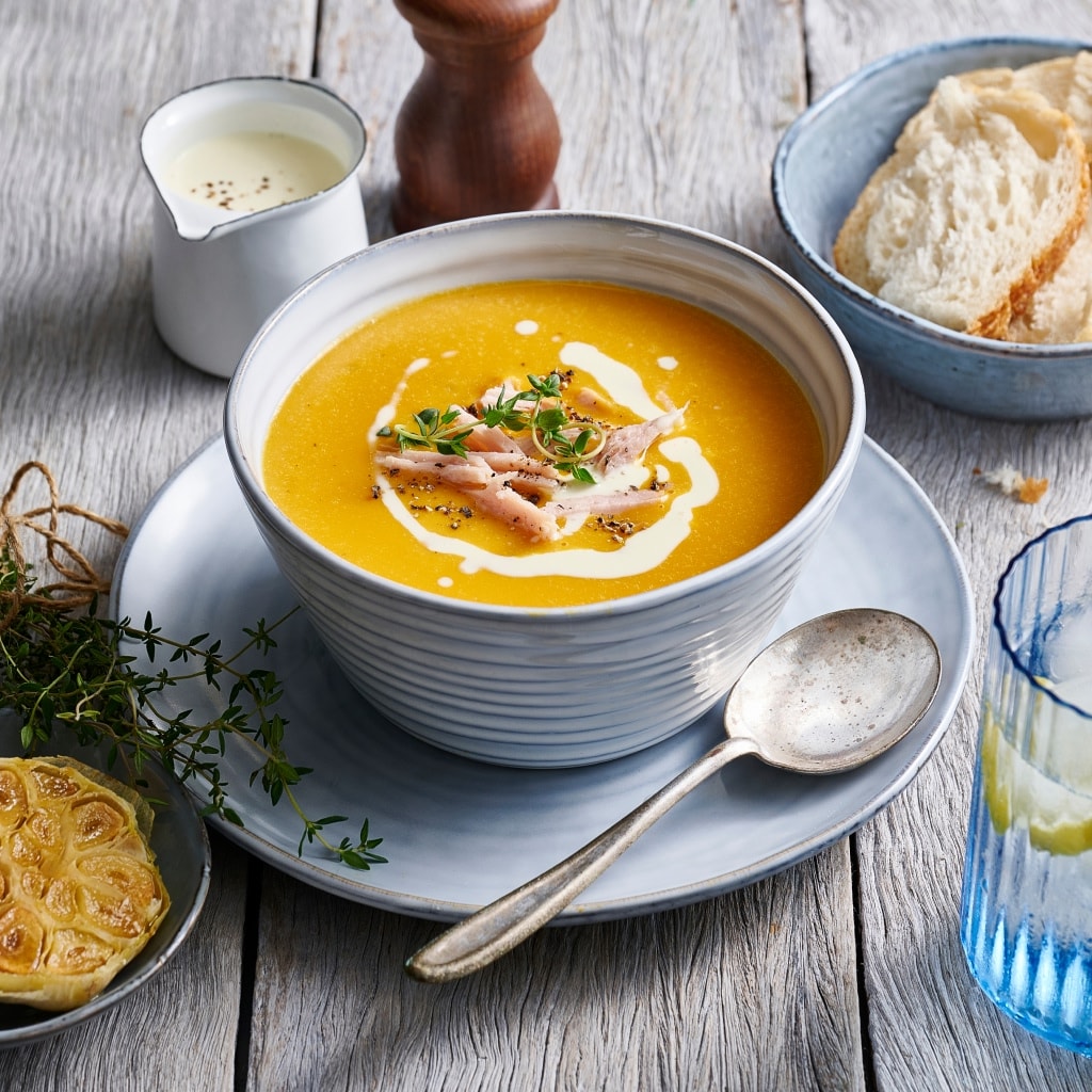 Cream of Pumpkin Soup with Smoked Ham and Roasted Garlic Cream of Pumpkin Soup with Smoked Ham and Roasted Garlic