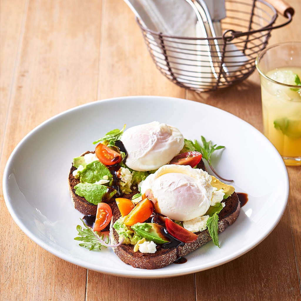 Avocado and Feta Smash on Rye with Poached Eggs and Balsamic Glaze