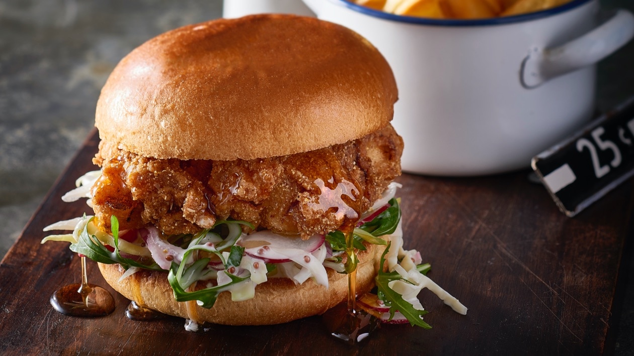 Fried Buttermilk Chicken Burger with Honey Glaze – Recipe