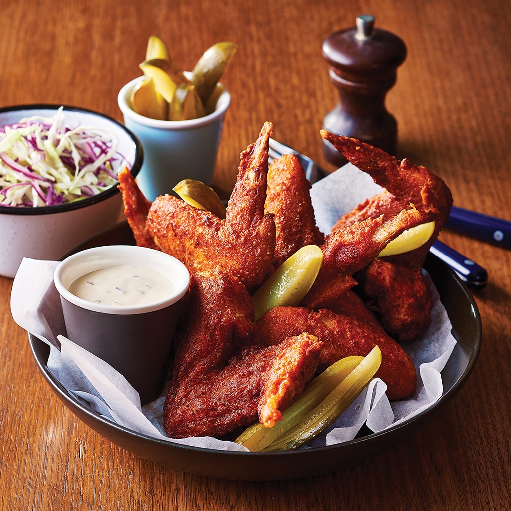 Tennessee Hot Fried Chicken, Slaw and Blue Cheese Dressing Tennessee Hot Fried Chicken, Slaw and Blue Cheese Dressing