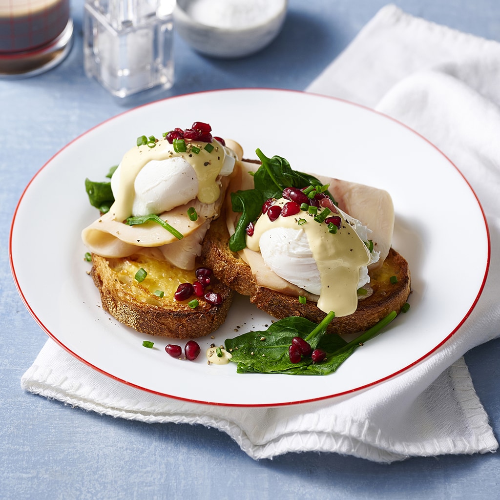 Turkey and Pomegranate Eggs Benedict Turkey and Pomegranate Eggs Benedict