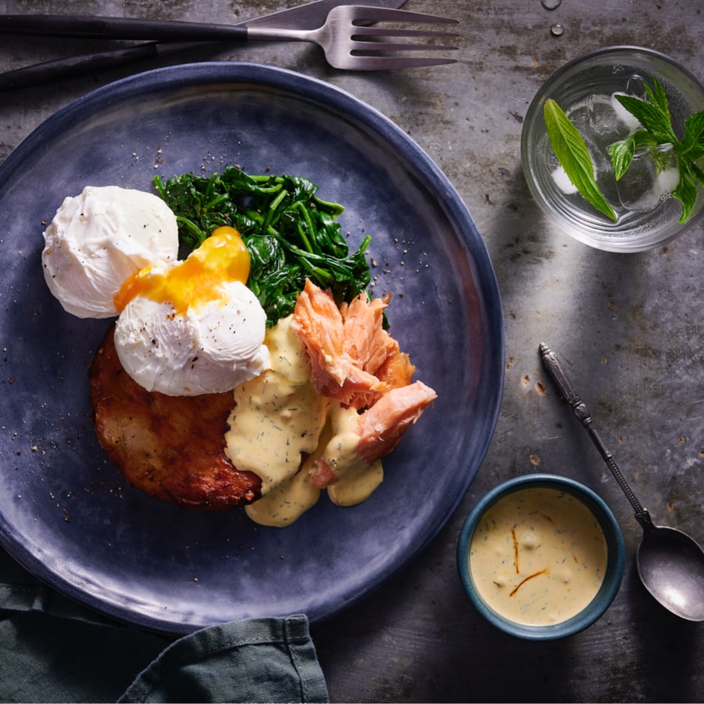 Eggs Benedict with Rosti, Hot Smoked Salmon and Saffron Hollandaise Eggs Benedict with Rosti, Hot Smoked Salmon and Saffron Hollandaise