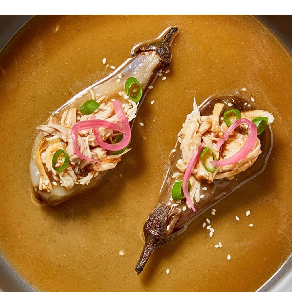 Grilled Eggplant Stuffed with Chicken Escabeche, Miso and Sherry Grilled Eggplant Stuffed with Chicken Escabeche, Miso and Sherry