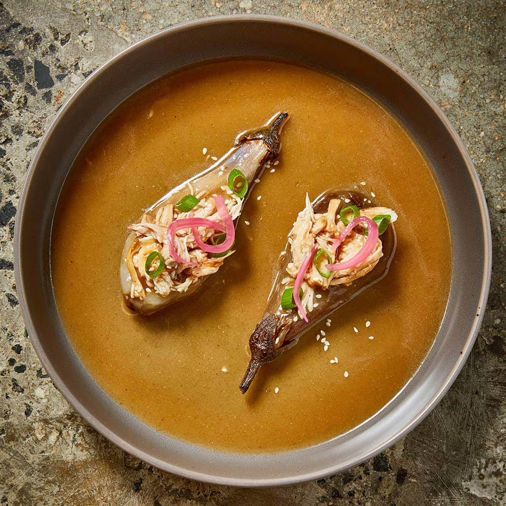Grilled Eggplant Stuffed with Chicken Escabeche, Miso and Sherry