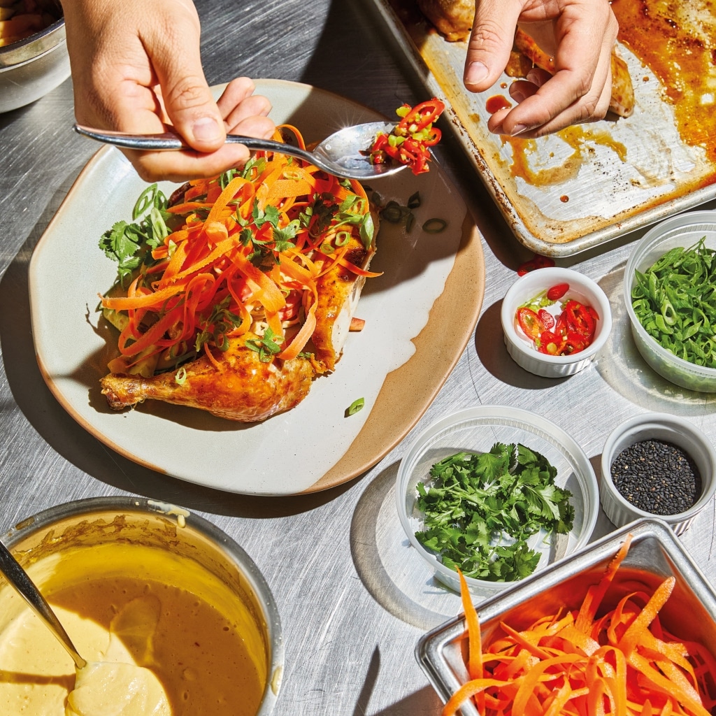 Half Chicken with Ramen Salad and Sweet Chilli Hollandaise Half Chicken with Ramen Salad and Sweet Chilli Hollandaise