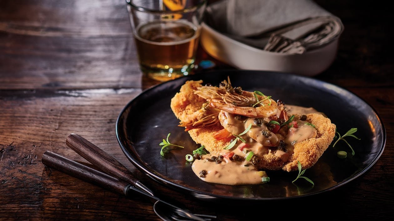 Chicken Schnitzel, Prawns, Capers, Creamy Garlic Gravy – Recipe Chicken Schnitzel, Prawns, Capers, Creamy Garlic Gravy – Recipe