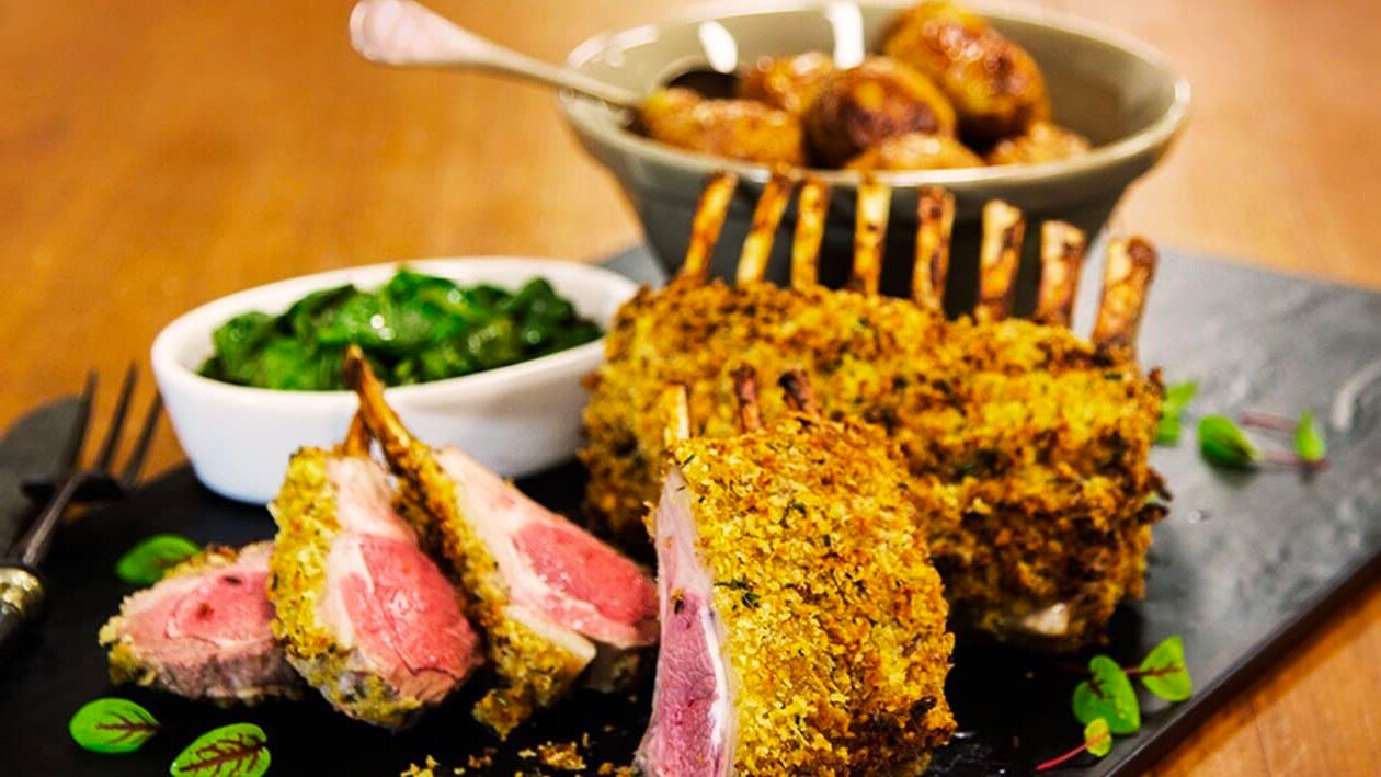 Dijon Crusted Lamb Rack with Roasted Potatoes and Wilted Spinach – Recipe Dijon Crusted Lamb Rack with Roasted Potatoes and Wilted Spinach – Recipe
