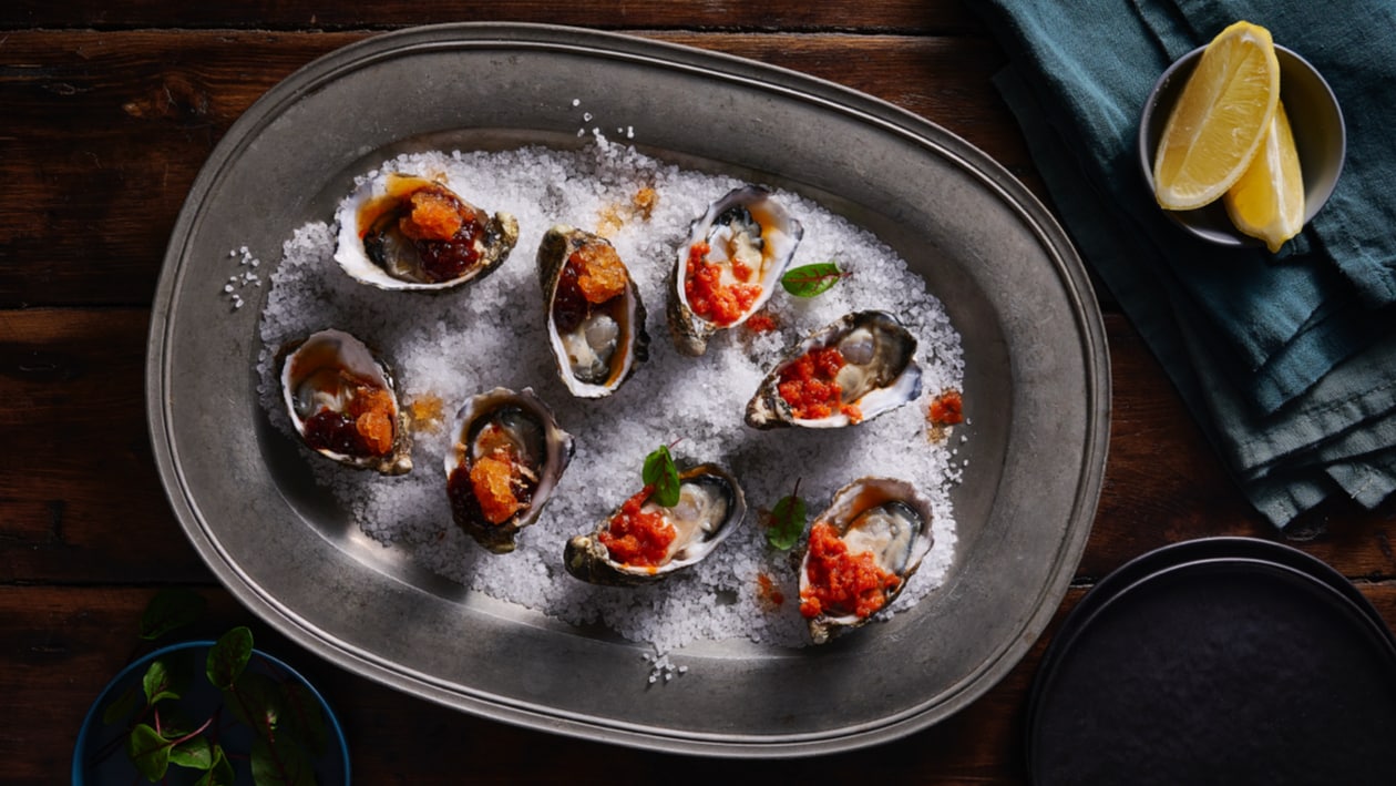 Oysters with Twin Toppings: Lime Chilli Jam and Smoky Granitas – Recipe