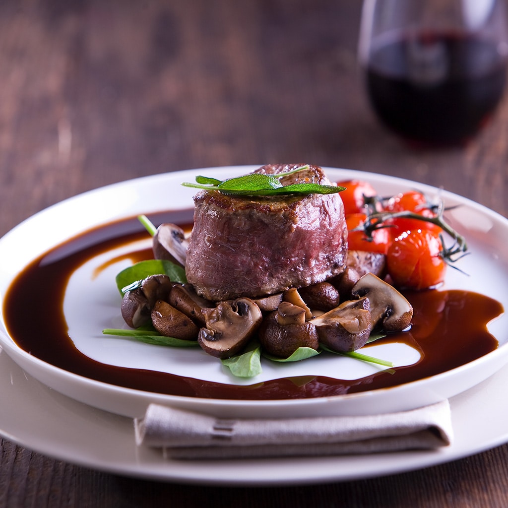 Angus Fillet with Swiss Mushrooms, Smoked Tomato and Balsamic Jus