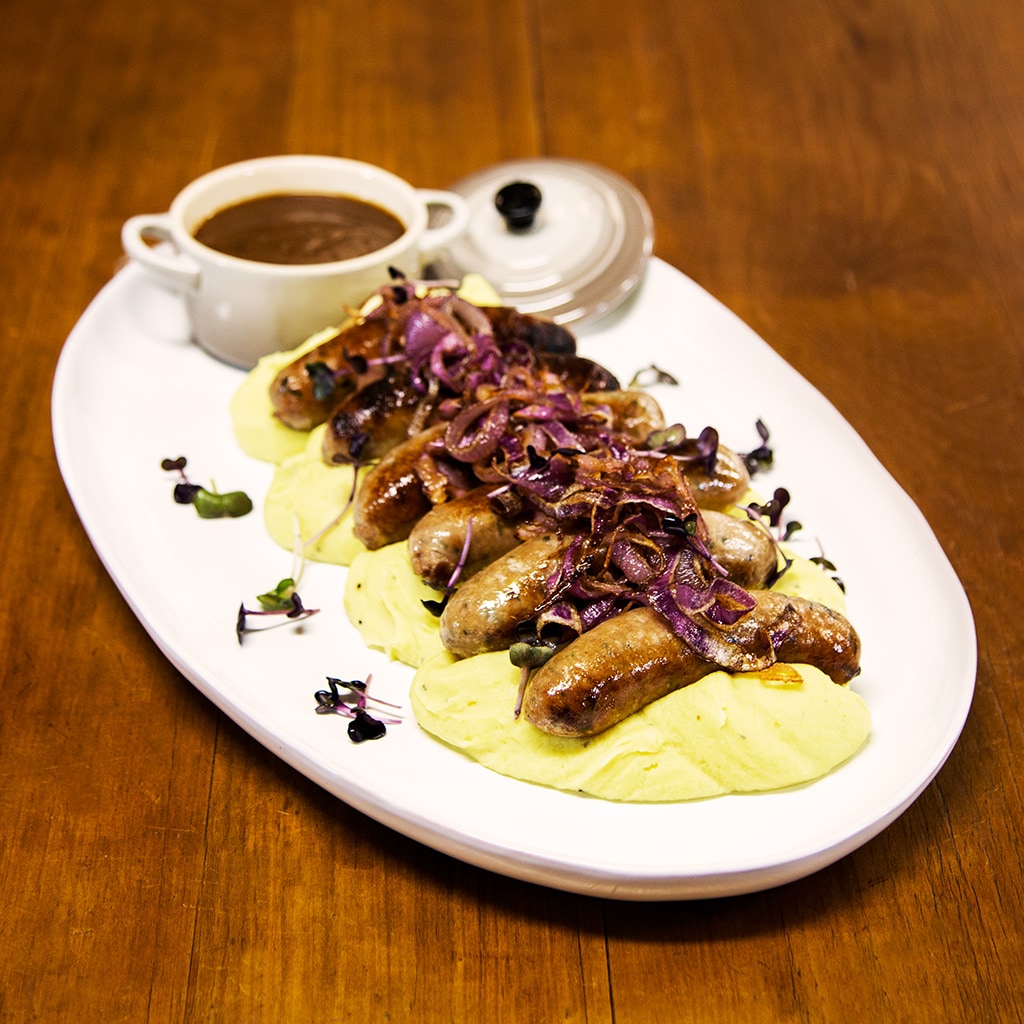 British Bangers, Hot English Mash and Crisp Onion