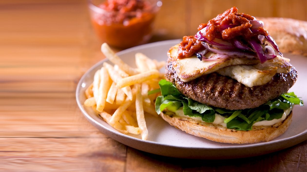 Char Grilled Lamb Burger, Grilled Haloumi, Tomato Chilli Relish – Recipe