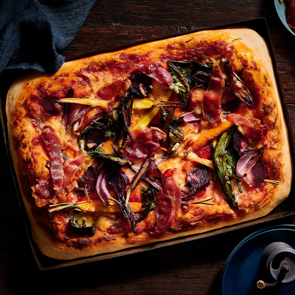 Heirloom Vegetable and Pancetta Pizza