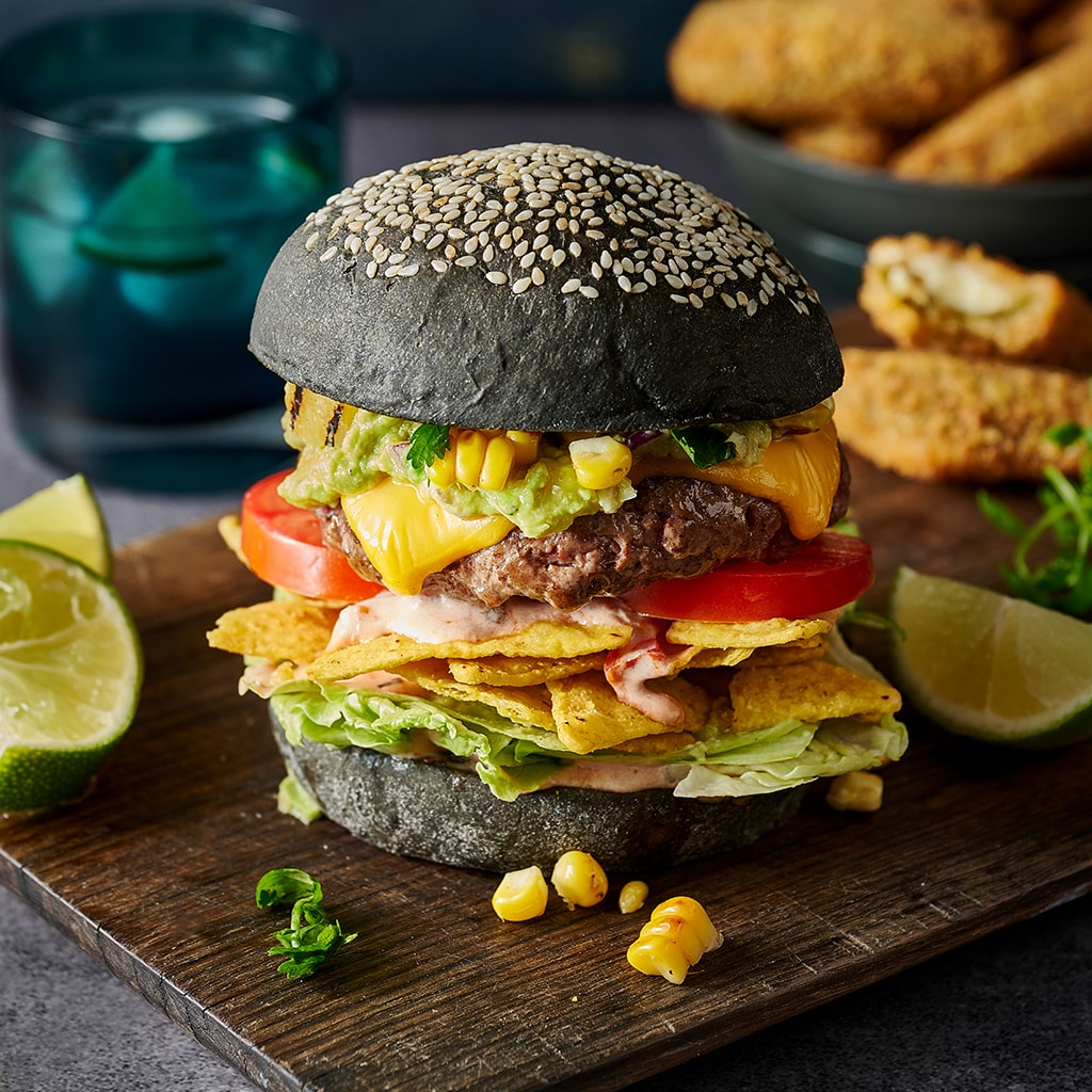 Nacho Burger with Charred Corn and Pineapple Salsa